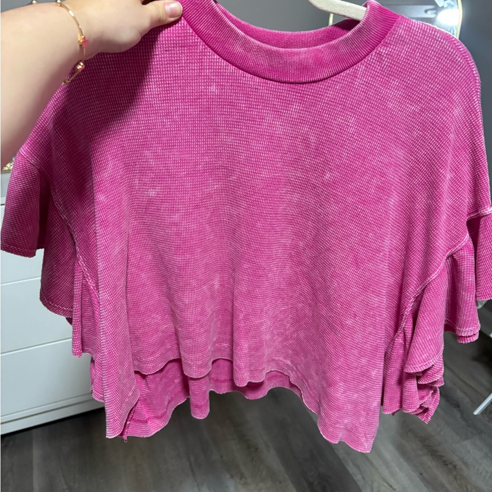 Altar'd State Pink Flutter Sleeve Boxy Tee